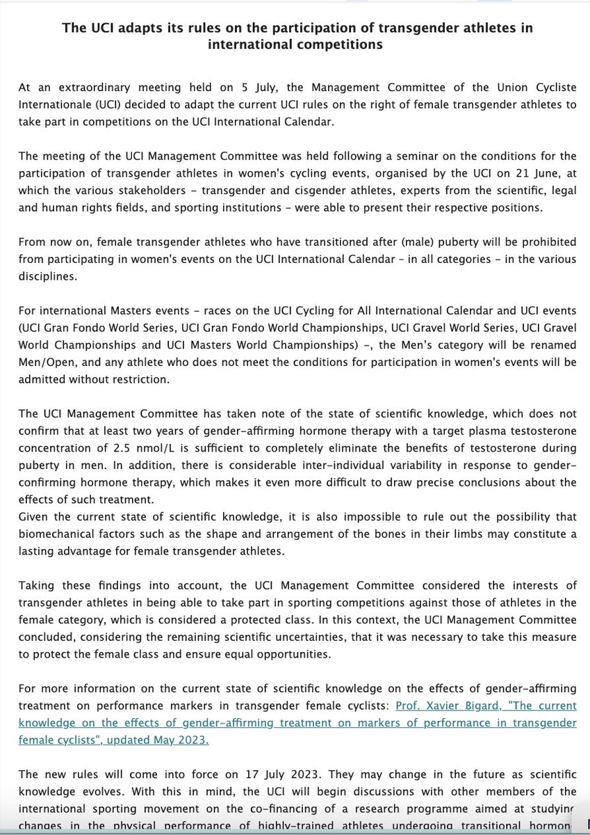 Big news from cycling's governing body, the UCI, which has changed its transgender policy to make the female category a "protected class" 
"From now on female transgender athletes who have transitioned after (male) puberty will be prohibited from participating in women's events."