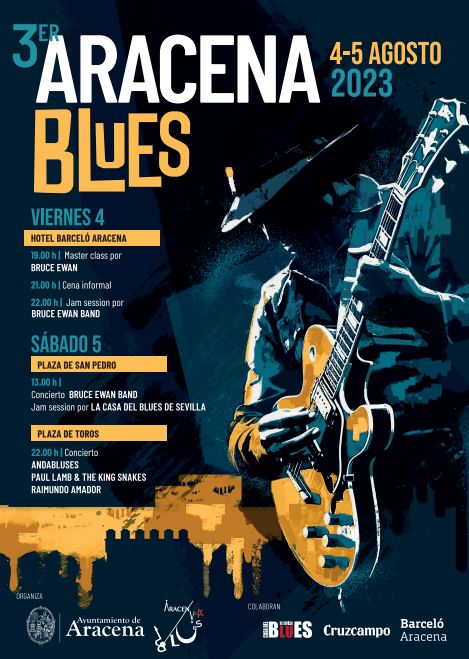 AytoAracena's tweet photo. Entre los grupos participantes de esta edición estará el legendario #RaimundoAmador, junto a la banda inglesa #PaulLambMusic & #TheKingSnakes y los sevillanos #Andabluses con su espectáculo homenaje a BB King el S5 por la noche en la Plaza de Toros de Aracena. https://t.co/uZd89HVtXK