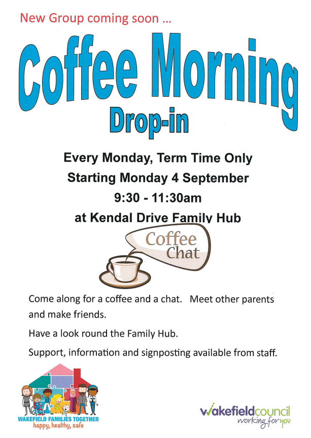 Townville_News's tweet photo. Please see details below from Kendal Drive Family Hub about a Coffee Morning Drop in which starts on the 4th September 2023 and will be every Monday. - @TownvilleIS https://t.co/AOcjarsHSm