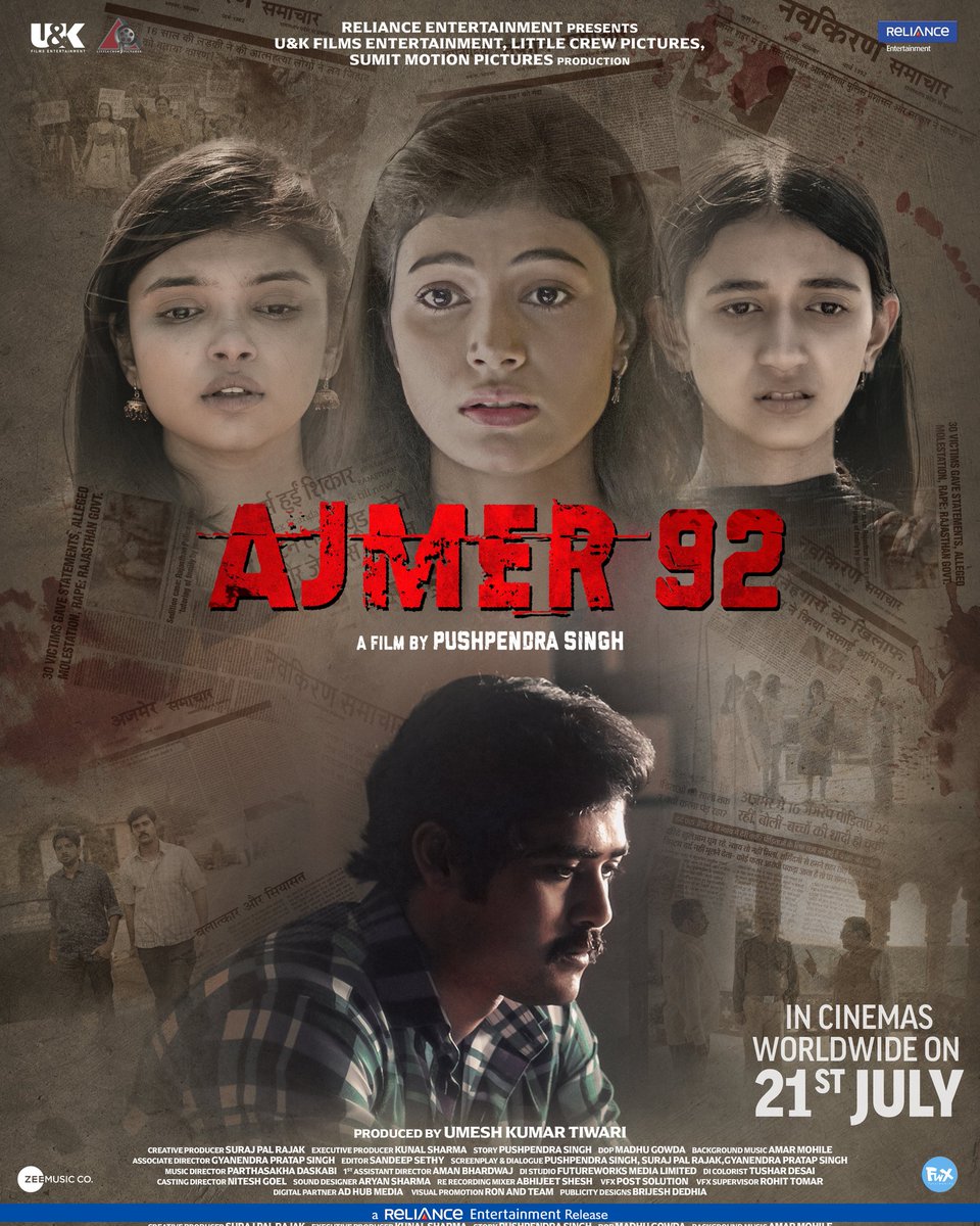 RelianceEnt's tweet photo. #Ajmer92 Releasing in cinemas on 21st July.
Trailer coming soon.
@KaranVermaActor #SumitSingh @SayajiShinde @actormanojjoshi #ShaliniKapoorSagar #AlkaAmin #BrijendraKalra #ZarinaWahab @Pushpen57476331 @ZeeMusicCompany @UmeshNDTiwari @UandKFilms #LittleCrew #MaheshBalraj #AakashDhaiya #SeeratKaur #SimranKhan @UnnatiP26722235 #SimranGangwani #RajeshSharma @SurajPalRajak #GyanendraPratapSingh #AmanBhardwaj #ParthDasKabi #NiteshGoel #AmarMohile @shazorika @amitawasthi1975 @Ajmer92Movie