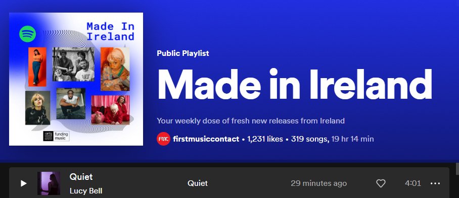 Huge thank you to @FMC_Ireland for adding @LucyBellMusic's new single #Quiet to their #MadeInIreland Spotify playlist. 

In wonderful company with the likes of @cmatbaby @sodablonde @IHaveATribe @JoelHarkin & @brigidpowerhi 

open.spotify.com/playlist/4wHju…

#FreshÉire