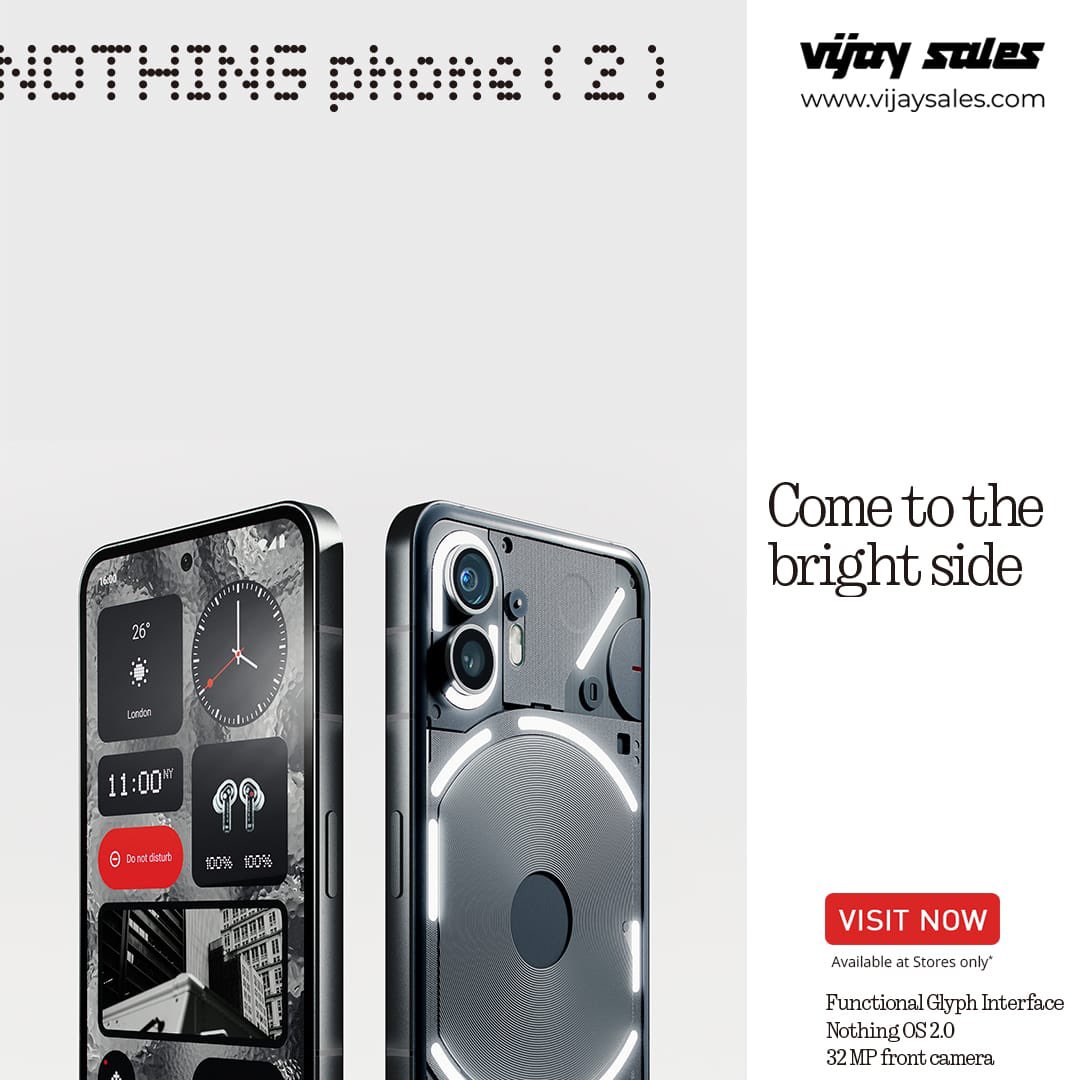 VijaySales's tweet photo. When we say we have the latest gadgets, we mean it.
Shop the NOTHING OS 2.0 with a 32 Mega Pixel front camera and Glyph interface now at Vijay Sales.
Go get yours at the nearest #VijaySales store https://t.co/lqtyTg1Abh
#NothingPhone2 #electronics #smartphones #32MP https://t.co/VqaSNAb3gR