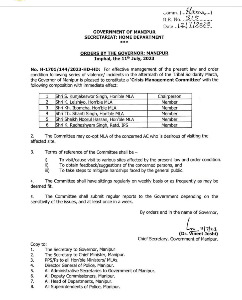 Order of #TotalSeparation : Kuki-Zos from Manipur!!

#The order is proof that Kuki-Zos are totally separated from Manipur. 

#The crisis management committee has no member from Kuki-Zo community. 

#TheCommittee ,being #biased, are likely to manage crisis only among the meiteis.