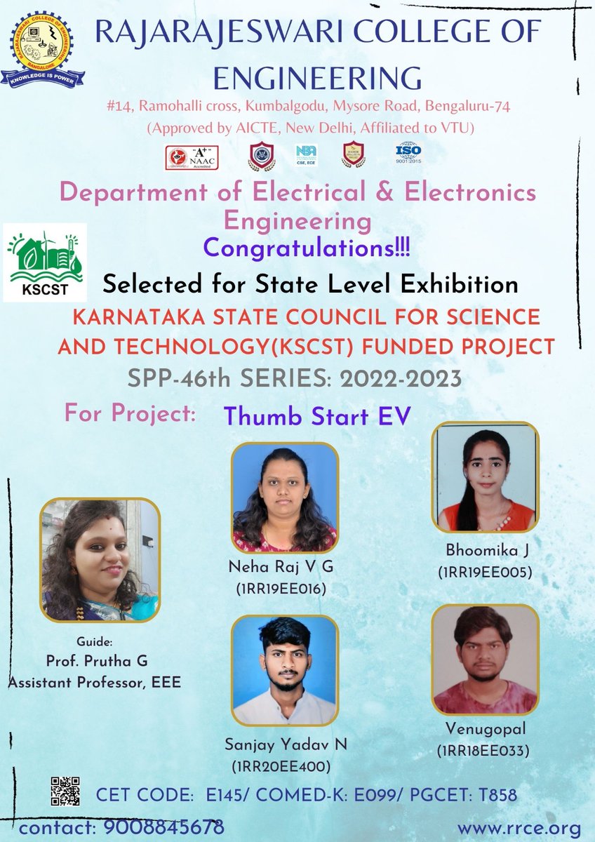 rrceblr's tweet photo. #RRCE #EEE received Innovative Project fund from Karnataka State Council for Science and Technology (#KSCST) for the year 2022-23 :
Karnataka State Council for Science and Technology (KSCST) has recognized an Innovative Project entitled "Thumb Start EV” carried out by #RRCE #EEE https://t.co/q3sNa6To0H