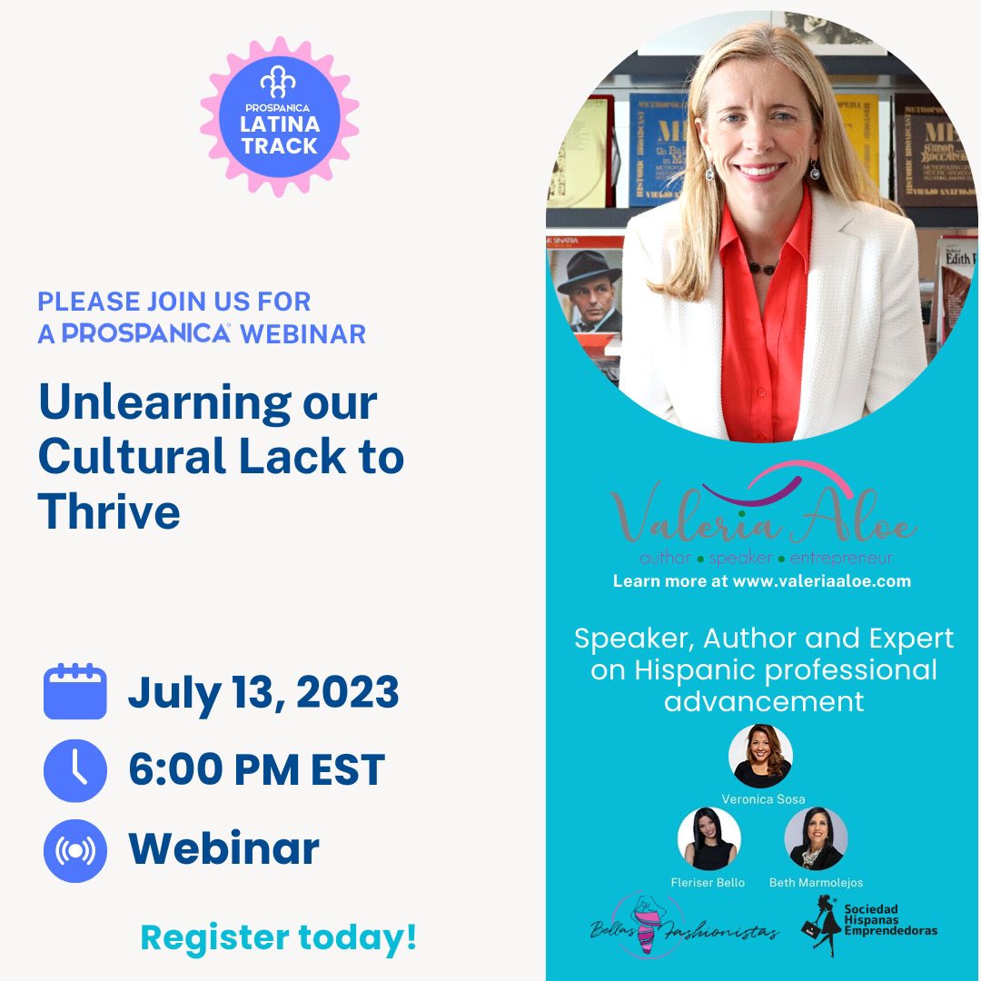 BethMarmolejos's tweet photo. Thank you 🙏🏼 all for joining the @Prospanica #Latina track webinar “Unlearning our Cultural Lack to Thrive” led by the OUTSTANDING, Author, Speaker, Entrepreneur, and founder of the Rising Together movement @ValeriaAloe. See you on 8/16 #bellasFashionistas #shemprendedoras https://t.co/2WWgYeJCyd
