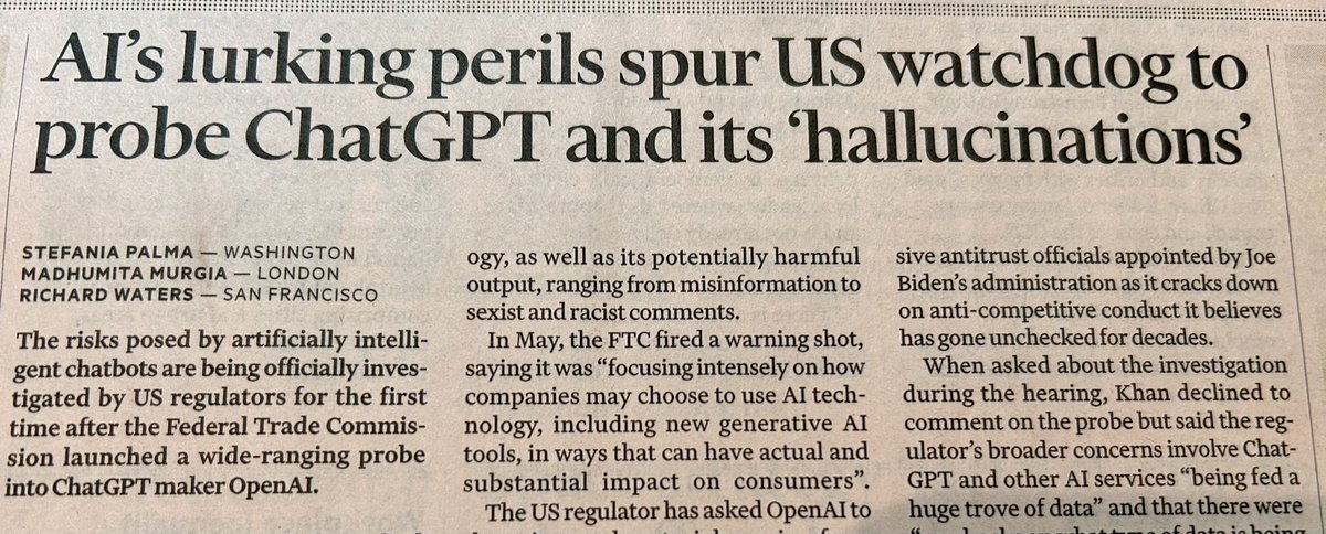 In today <a href="/FT/">Financial Times</a> - US regulator zeroes in on AI &amp; ChatGPT services “being fed a huge trove of data”…