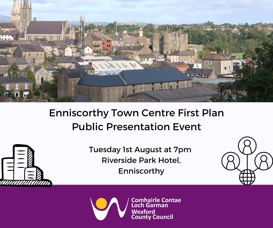 💜💛Join Dr Conor Norton, author of the Enniscorthy Town Centre First Plan to learn more about this strategy for social, economic, and environmental revitalisation in Enniscorthy. 📅When: 7pm Tuesday 1st August 🏨Where: Riverside Park Hotel #YourTown #Enniscorthy #YourCouncil