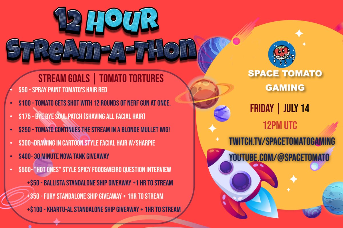 SpaceTomatoGG's tweet photo. It's time for another TOMAT marathon stream!

This time we'll be reviewing ship manufacturers, Star Citizen development, playing the game, and probably cutting off all my hair! My 12-hour streamathon is starting now, come say hi!

https://t.co/dG5HyAsfcN
https://t.co/pUODI6CAwT https://t.co/j6UQZrbwlk