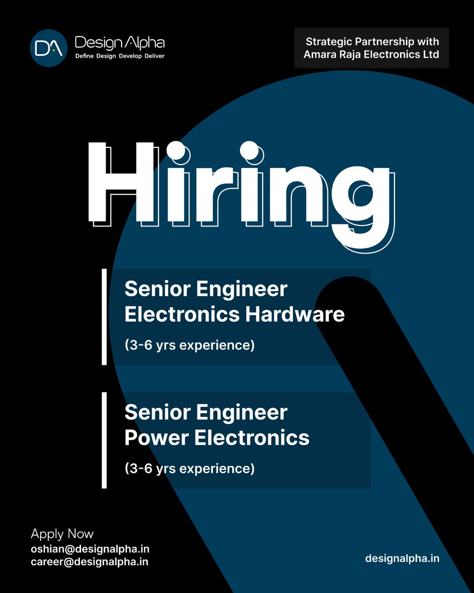 kerala_it's tweet image. #DesignAlpha, having a strategic partnership with Amara Raja Electronics Ltd. They are currently on the lookout for highly-skilled, experienced engineers to join their dynamic team at #InfoparkKochi. If interested send your CV to: oshian@designalpha.in or career@designalpha.in.