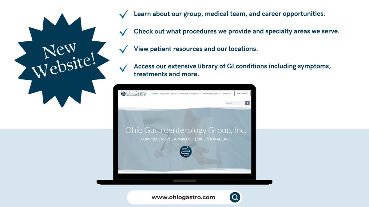 OhioGastro's tweet photo. ANNOUNCEMENT! We are excited to share the launch of Ohio Gastro's new website. Our goal is to make it easier and simpler for our patients to search for the information they need, as well as learn more about our team, services, and specialties. Check it out at the link in our bio! https://t.co/J86n32ebMn