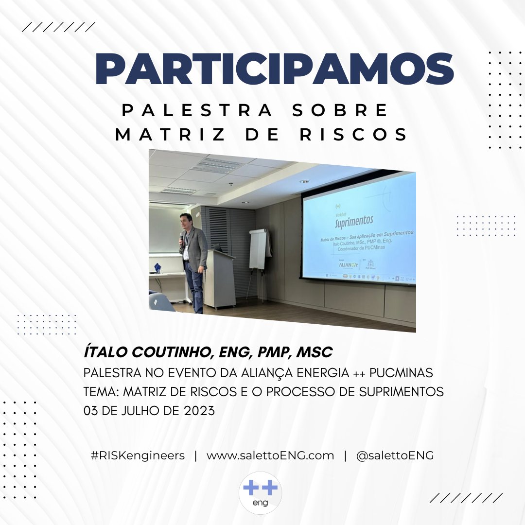 salettoeng's tweet photo. ⚙: " A matriz de riscos como anexo ao contrato pacifica a resolução de pleitos." - Comentou o Eng. Italo Coutinho.
💻 https://t.co/QlyDgNKVmT
🖱 Mais sobre matriz de riscos: https://t.co/R6CYL9pmIt
🤖 Contato CHATBOT ++ 55 (31) 3267.0949

#salettoENG #IngenuityToSum #engenharia https://t.co/mUXNRGkYMK