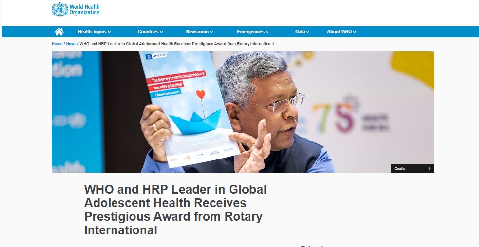 HRPresearch's tweet photo. Congratulations to HRP's @ChandraMouliWHO who has received the #NafisSadikAward from @Rotary's Action Group for Reproductive, Maternal &amp; Child Health - for his leadership, scholarship &amp; service in adolescent sexual and reproductive health. 
#SRHR 

Read▶️https://t.co/XA9dbZzK3S https://t.co/EuGqJm0Kl5