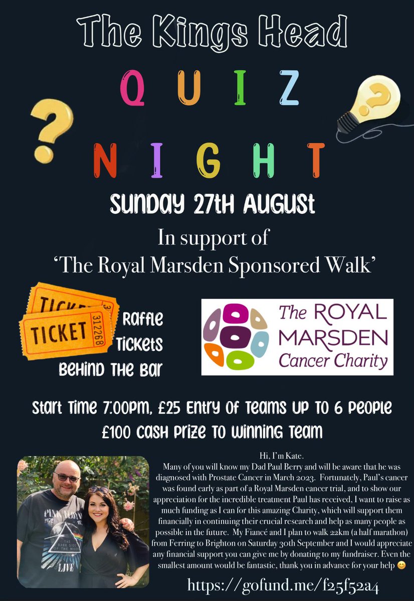 The fantastic <a href="/kingsheadbhurst/">Kings Head</a> are hosting a quiz night on Sunday 27 August to help raise funds for <a href="/royalmarsden/">The Royal Marsden Cancer Charity</a> who are looking after our precious <a href="/PMBerryADI/">Paul Berry</a>  ❤️  Please donate to <a href="/KateBennett018/">Kate Bennett</a> sponsored walk fundraiser if you can. Thank you 🙏

gofundme.com/f/e6nwc-royal-…