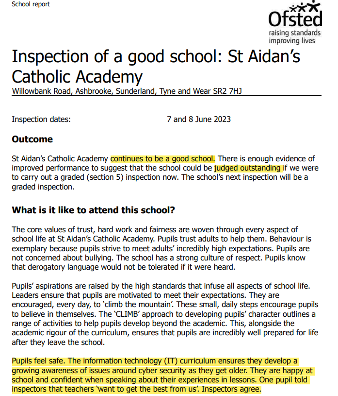 SACA_ICT's tweet photo. AMAZING OFSTED report -The core values of trust, hard work and fairness are woven through every aspect of school life at St Aidan’s Catholic Academy.  So proud of our students and staff https://t.co/2soQfnJVcQ 
@103.4SunFM 
@Grangetown_PS
@RedbyAcademy
@nsprimary
@broadwayjuniors https://t.co/XOyEUigt91