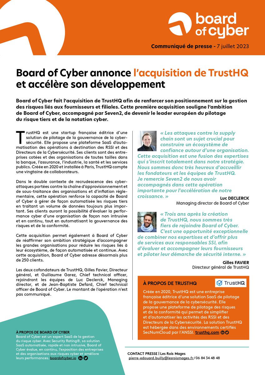 #Cybersécurité : Board of Cyber annonce l’acquisition de <a href="/Trust_HQ/">TrustHQ</a> et accélère son développement !

🟠 Une première acquisition qui souligne l’ambition de Board of Cyber, accompagné par Seven2, de devenir le leader européen du pilotage du risque tiers et de la notation cyber.