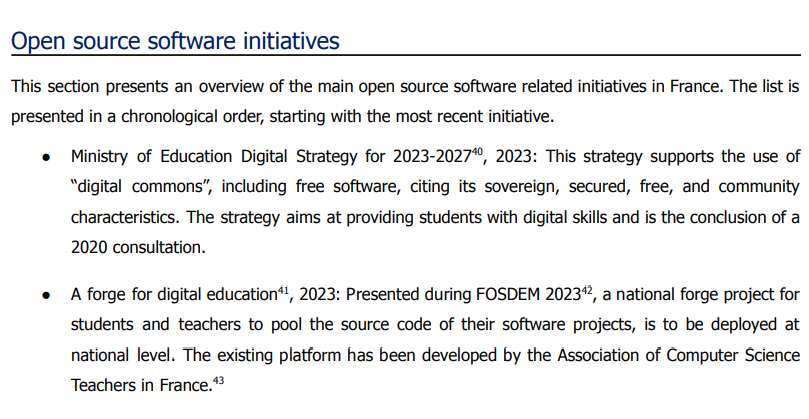 Le soutien au développement des communs numériques de la Stratégie du numérique pour l'éducation 2023-2027 mis en avant dans le rapport du service informatique de la Commission Européenne @OSOReu sur l’état de l’Open Source en France en 2023. cc @Edu_Num joinup.ec.europa.eu/sites/default/…