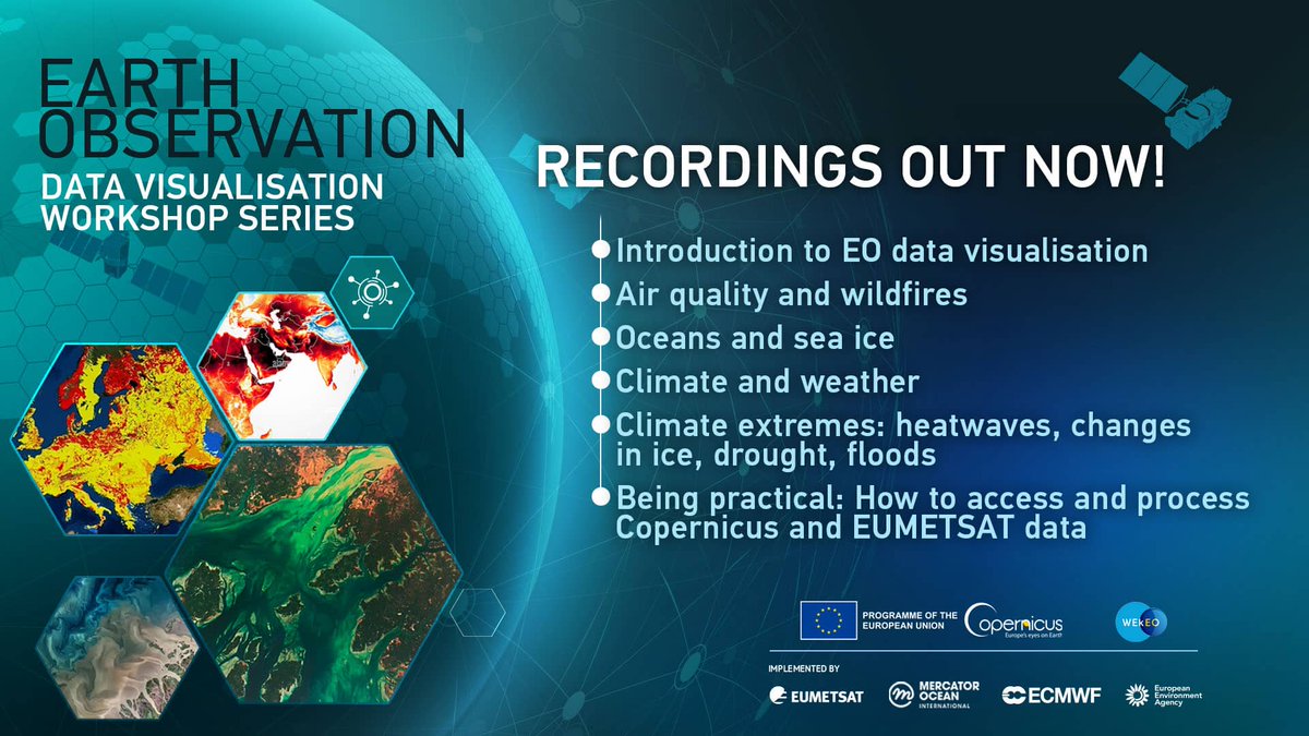 Our #EODataViz 🛰️ series has come to an end, but you can still watch the recordings to learn more about visualising #Copernicus and EUMETSAT #OpenData, on topics such as:

🔥 Wildfires
🌦️ Weather
🌀 Climate extremes
🌊 Oceans &amp; sea ice

And much more!
🔗 bit.ly/EO_Dataviz_Rec…