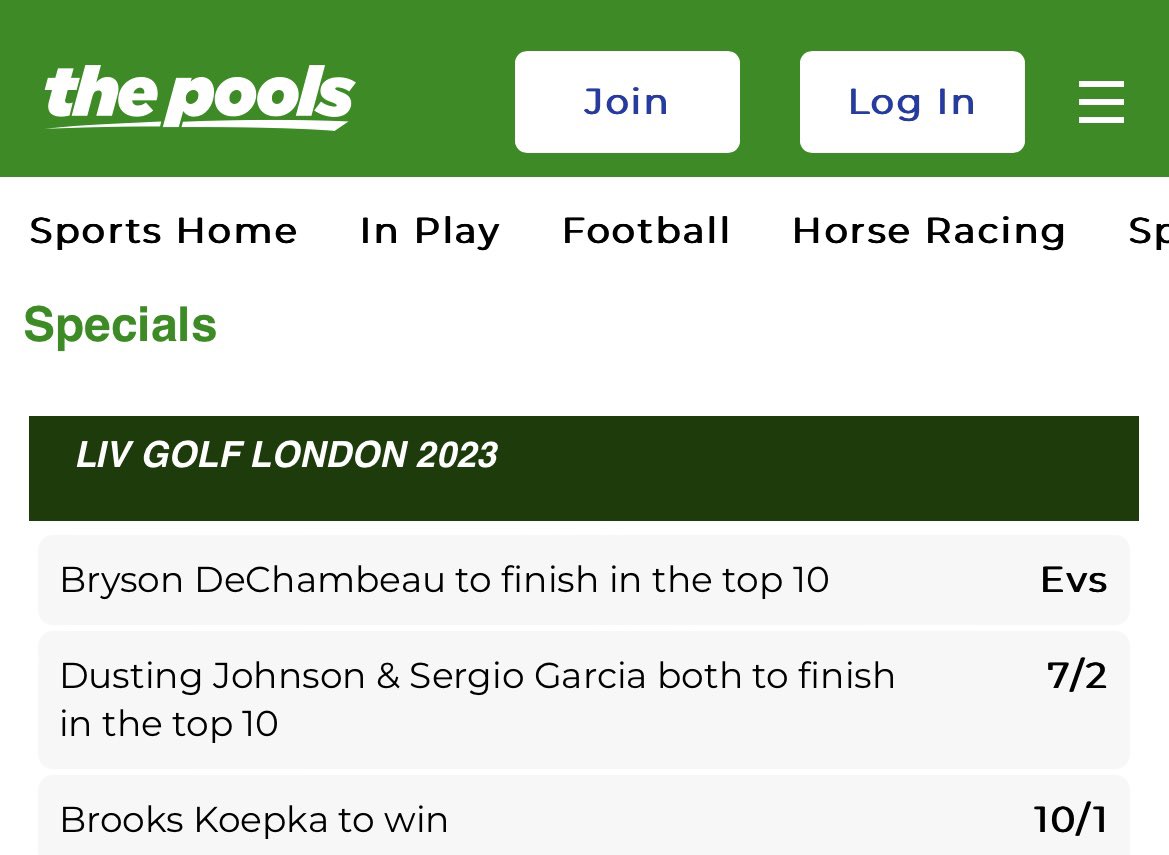 LIV GOLF LONDON BOOSTS⛳️: ⛳️ Dechambeau to finish in the top 10 (2.00) ⛳️ DJ & Garcia both to finish in the top 10 (4.50) ⛳️ Koepka to win (11.0) play.thepools.com/sportsbook/SPE… #AD 18+. BeGambleAware. T’s & C’s apply. #pools #LIVGolf