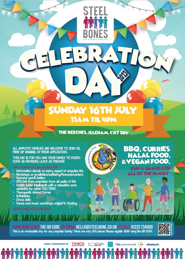 The SUN Network (@sunnetworkcambs) on Twitter photo Pop along to <a href="/SteelbonesUK/">SteelBonesUK</a> Celebration Day 16/7/23 11-4pm. Free for amputee families to attend, with prior booking. Email hello@steelbone.co.uk or ring 01223 734000 to book your place. Filled with lots of fun & helpful activities & info around wellbeing, practical advice & more! Pop along to <a href="/SteelbonesUK/">SteelBonesUK</a> Celebration Day 16/7/23 11-4pm. Free for amputee families to attend, with prior booking. Email hello@steelbone.co.uk or ring 01223 734000 to book your place. Filled with lots of fun & helpful activities & info around wellbeing, practical advice & more!