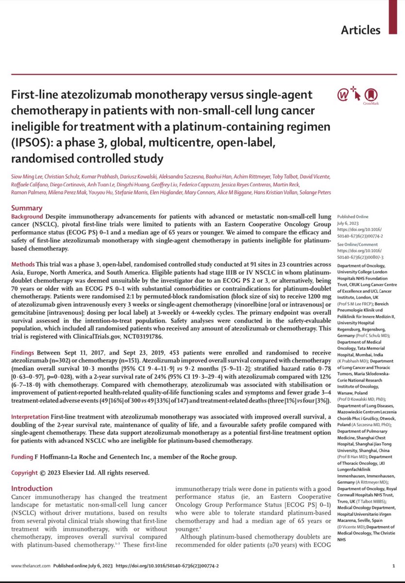 🎉Good news! IPSOS MS finally appeared today in the Lancet! Thank you to all the global investigators, patients and their families who participated in the trial. An important study showing meaningful increased survival with atezolizumab immunotherapy. shorturl.at/PTZ34