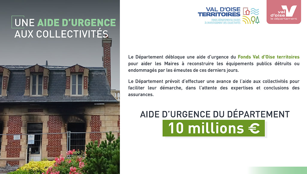 valdoise's tweet photo. #Valdoisedirect 📢Pour aider les communes du #Valdoise à reconstruire les équipements publics détruits ou endommagés par les émeutes des derniers jours. Le Département débloque une aide d’urgence de 10 millions €. 
En savoir plus ➡️https://t.co/wzqO2Wetbf
#Emeutes https://t.co/mBYZadc9EF