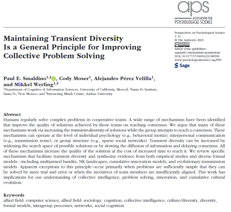 Cody Moser (@ltf_01) on Twitter photo How do people come together to solve complex problems?
In a new paper with <a href="/psmaldino/">Paul Smaldino</a>, <a href="/apvelilla/">Alejandro Pérez Velilla</a>, and <a href="/MikkelWerling/">Mikkel Werling</a>, we propose that one general principle for complex problem-solving is the maintenance of "transient diversity."
journals.sagepub.com/doi/full/10.11… How do people come together to solve complex problems?
In a new paper with <a href="/psmaldino/">Paul Smaldino</a>, <a href="/apvelilla/">Alejandro Pérez Velilla</a>, and <a href="/MikkelWerling/">Mikkel Werling</a>, we propose that one general principle for complex problem-solving is the maintenance of "transient diversity."
journals.sagepub.com/doi/full/10.11…