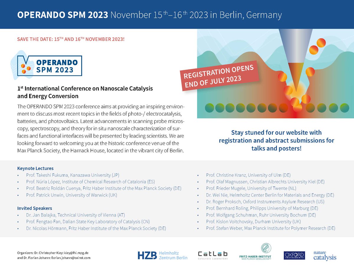 #SaveTheDate - 1. International Conference on Nanoscale #Catalysis and #Energy Conversion in Berlin #OperandoSPM2023 Providing an inspiring environ-ment to discuss most recent topics of photo-/electrocatalysis, #batteries, and #photovoltaics. @fhi_mpg_de @NatureCatalysis @OxInst