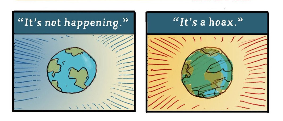 The Seven Stages of climate denial:

1. It's not real
2. It's not us
3. It's not that bad
4. We have time 
5. It's too expensive to fix
6. Here's a fake solution
7. It's too late: you should have warned us earlier

Trolls use all of these stages to deny reality of #climatechange