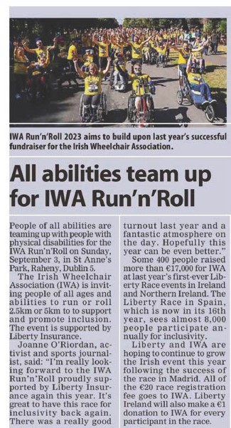 IrishWheelchair's tweet photo. Sunday September 3rd is the date for our annual inclusive Run'Roll fundraiser in Dublin's St Anne's Park, kindly supported by @LibertyIRL .  Thanks to @irishexaminer for covering today. 
#charity #partnership #runnroll https://t.co/fkwidC0CfQ