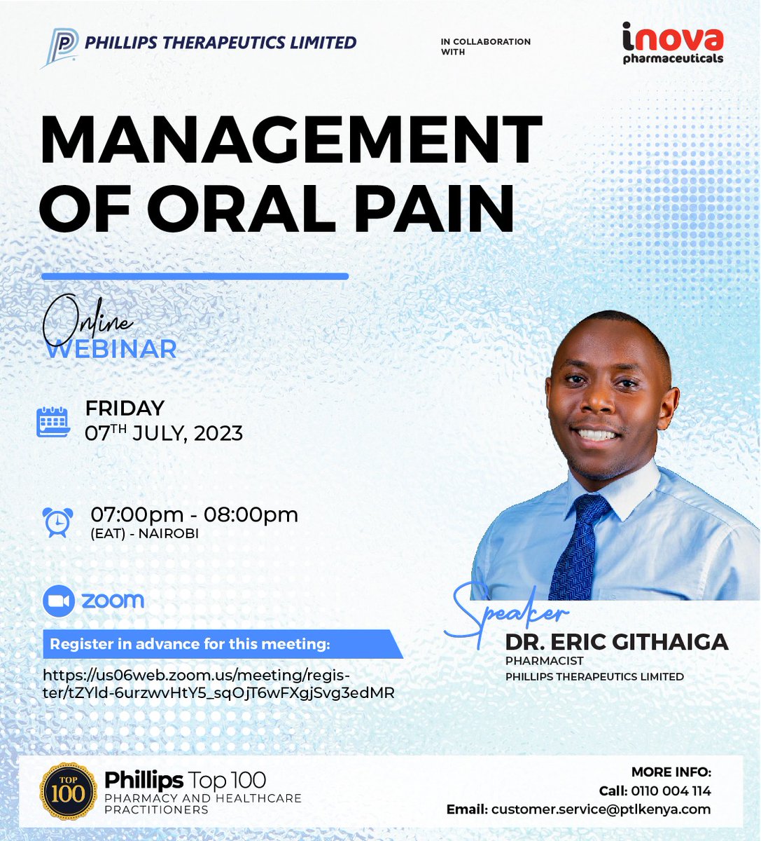 PHILLIPSTHERA1's tweet photo. Join us as we discuss
Management Of Oral Pain with Dr. Eric Githaiga,  Pharmacist, Phillips Therapeutics Limited, The discussion will take place on July 7th, 2023 from 7:00pm-8:00pm Click on the link to register. This webinar is CPD Accredited. https://t.co/2lwUYBeXpy https://t.co/ralQBHhu4i