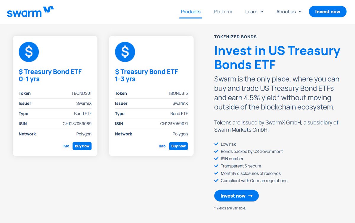 SwarmMarkets's tweet image. Tokenized #treasury products have exploded on-chain this year as a stable and yield-bearing asset class that investors can deploy into and remain in #DeFi.

Swarm has two #bondETFs that can be traded in a #regulated and #decentralized way. 

👉swarm.com/products/