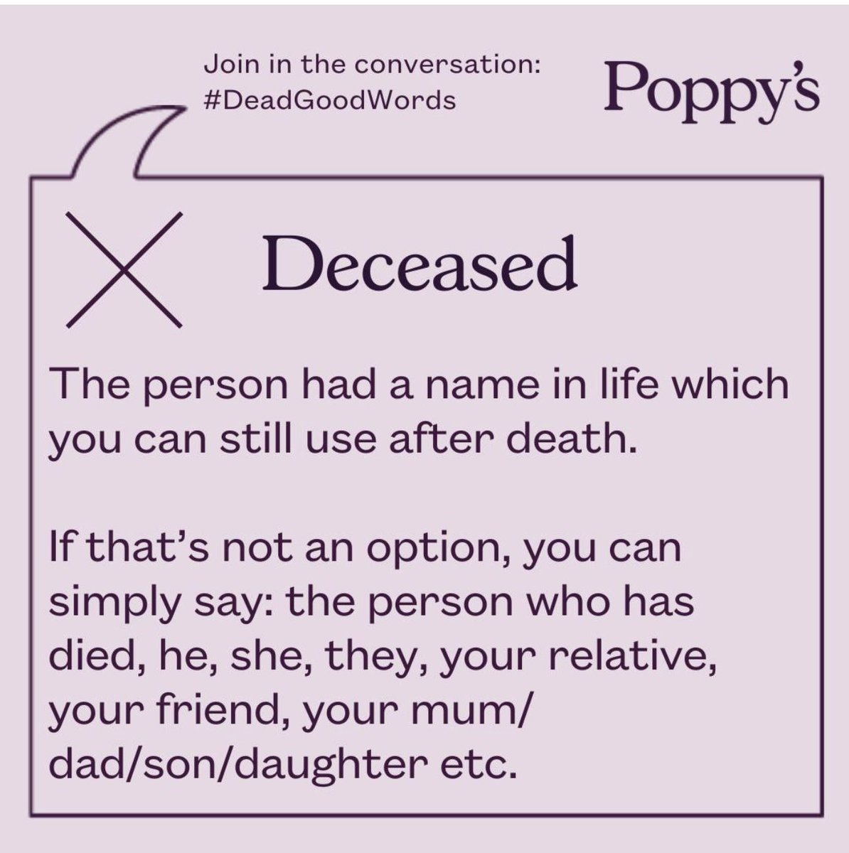 goodgrieftrust's tweet photo. This campaign #deadgoodwords @poppysfunerals aims to change the words we use around death & dying.
We all deserve respect & kindness, in life as in death.
Please use our name.
Terms such as ‘disposal’ and removal’ should never be acceptable. 🧡 #personalcare https://t.co/HpLFXobzln