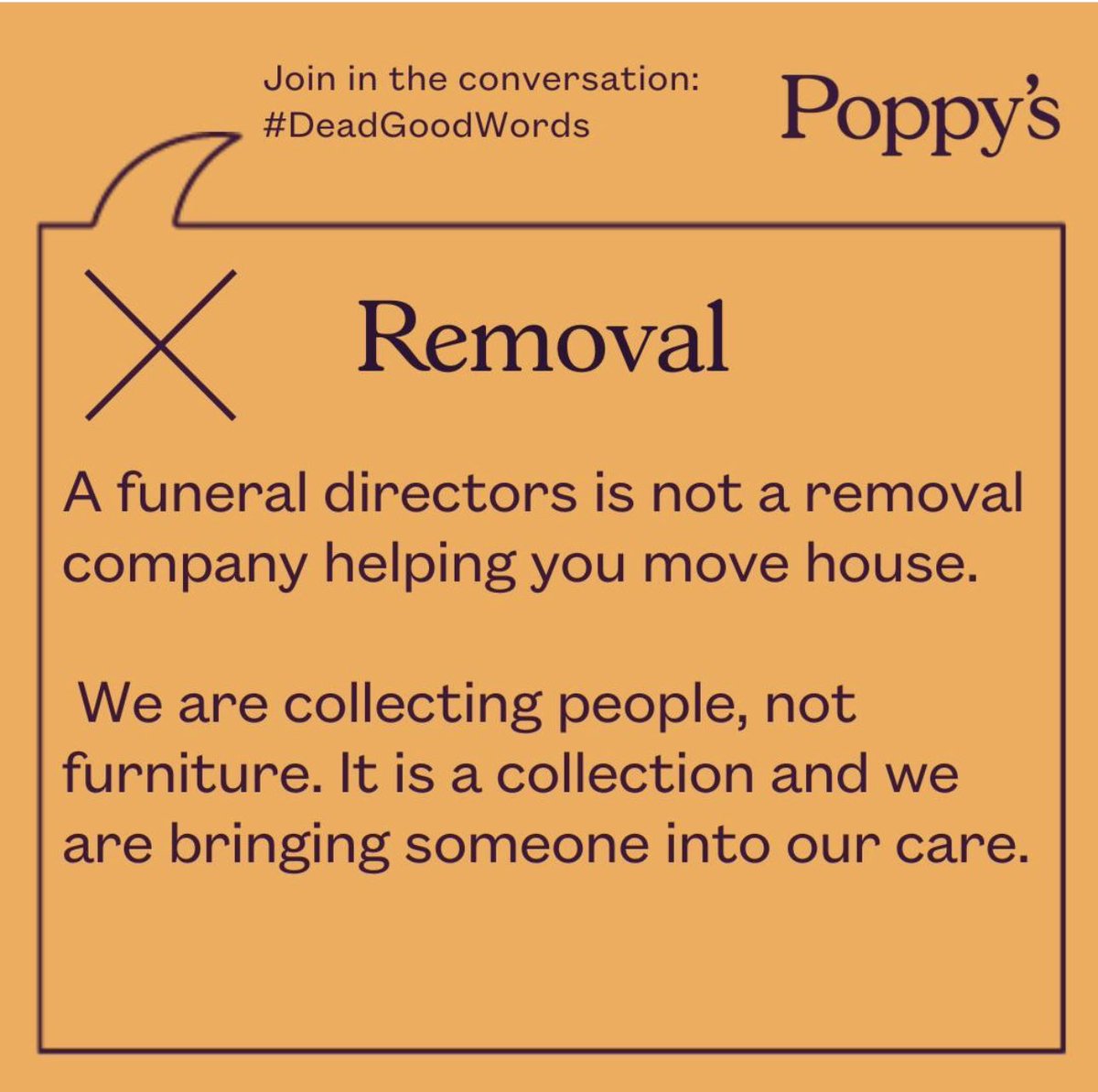 goodgrieftrust's tweet photo. This campaign #deadgoodwords @poppysfunerals aims to change the words we use around death & dying.
We all deserve respect & kindness, in life as in death.
Please use our name.
Terms such as ‘disposal’ and removal’ should never be acceptable. 🧡 #personalcare https://t.co/HpLFXobzln
