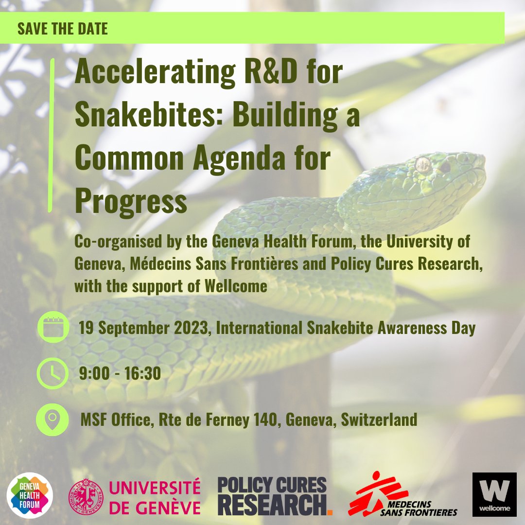 🐍 R&amp;D funding for #Snakebite envenoming (SBE) has increased significantly 👉 bit.ly/3CYAvIf

Now is the time to build on this success &amp; map the road ahead

Join us in Geneva on Sept 19 to determine how to accelerate progress for SBE R&amp;D
🎟️ bit.ly/3PIbUzg
#ISBAD