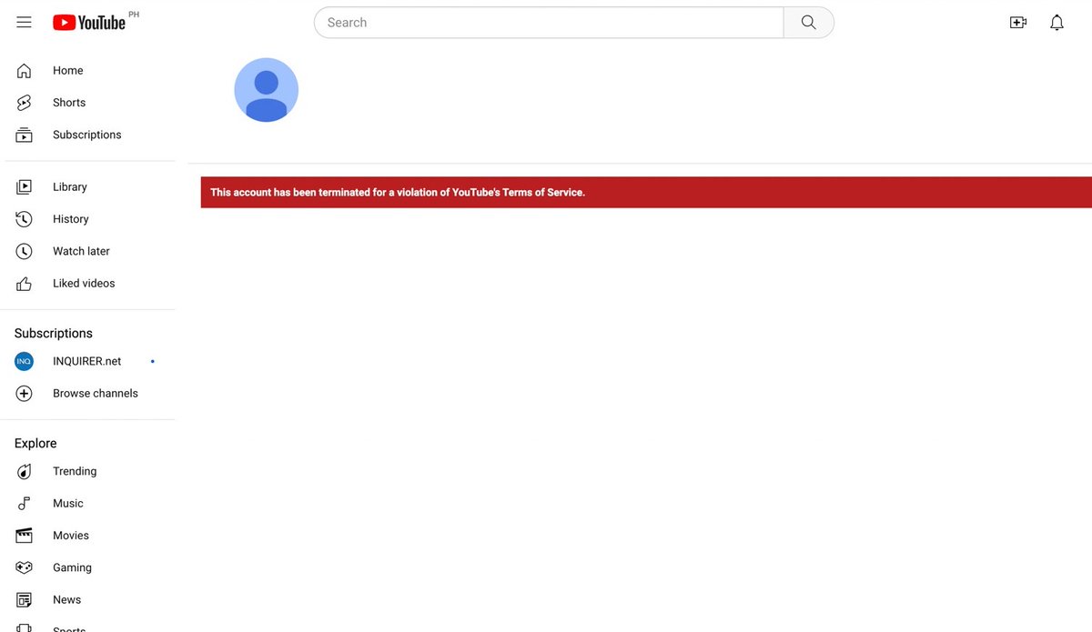 inquirerdotnet's tweet photo. LOOK: The Youtube channel of media network SMNI has been terminated by the platform for a “violation of Youtube’s Terms of Service.” | 📷: Screenshot from SMNI/Youtube https://t.co/On2YAeyAoW