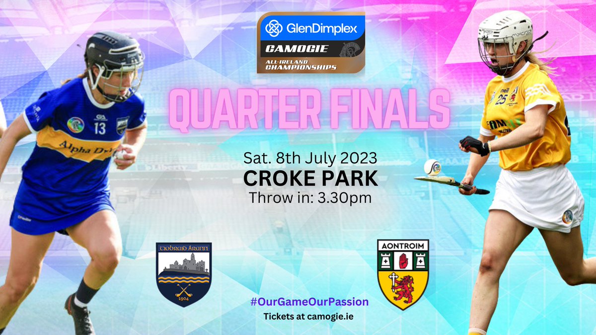 Glen Dimplex All-Ireland Senior Quarter Finals. Download your ticket in advance of coming to the stadium. Use public transport where possible. Stiles are open one hour prior to throw in. #OurGameOurPassion @CamogieAontroim @camogietipp @Dimplex_Ireland