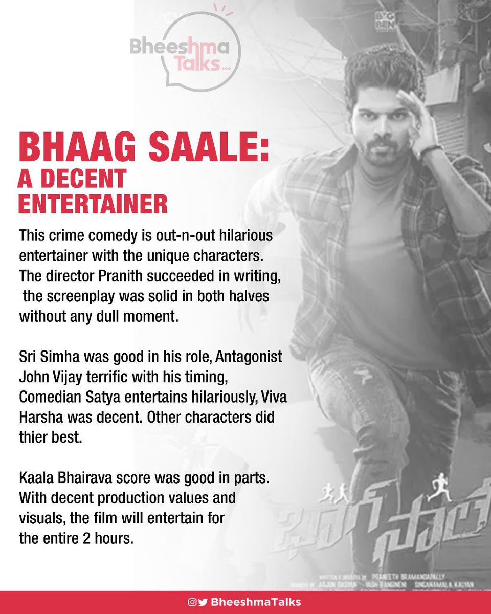 BheeshmaTalks's tweet photo. #BhaagSaale : A Decent Entertainer, where again #Satya comedy works big time https://t.co/diMeYmh6pV