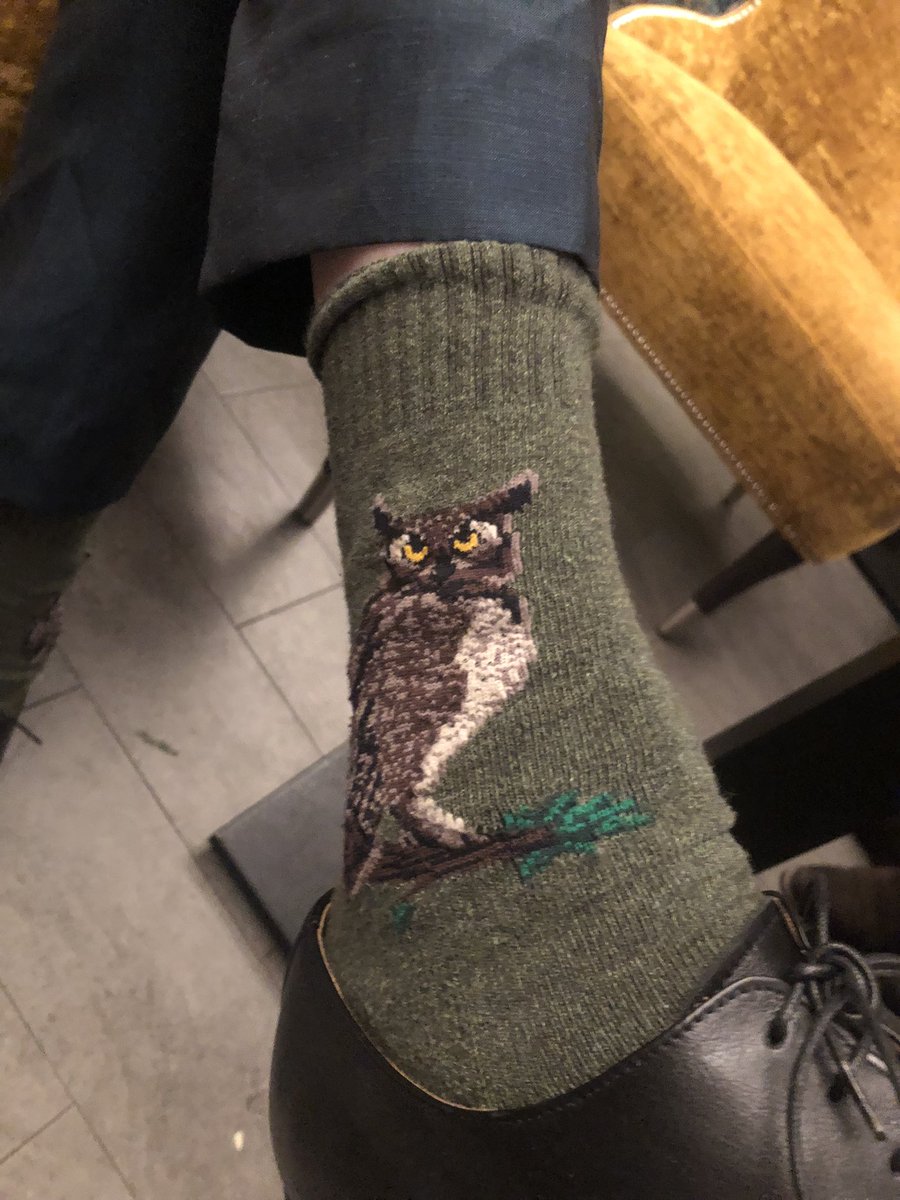 Well, I didn’t win either Dagger but I did get to hang out with @Leodora_ and @d_whitehouse and meet brilliant George Dawes Green, founder of The Moth and winner of the Gold Dagger. Look at his socks! 🦉 

Congratulations to all and thanks for a fab eve @The_CWA. #CWADaggers