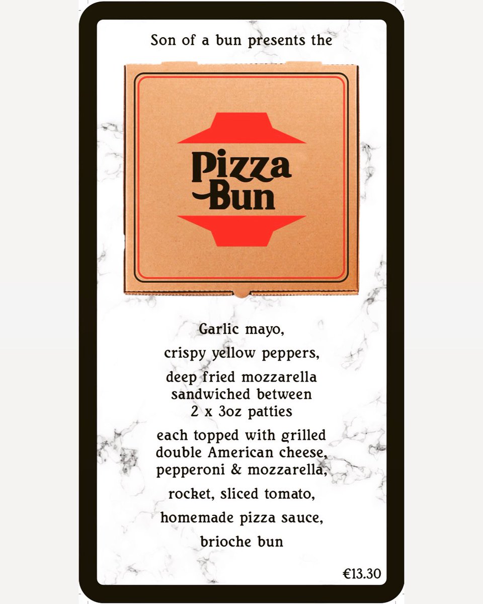 Introducing our new burger of the month…The Pizza bun
Garlic mayo,
Crispy yellow peppers 
Deep fried mozzarella sandwiched between, 2 x 3oz Patties
each  topped with grilled double American  cheese, pepperoni &amp; mozzarella.
Rocket, tomato, homemade pizza sauce, brioche bun 🙌