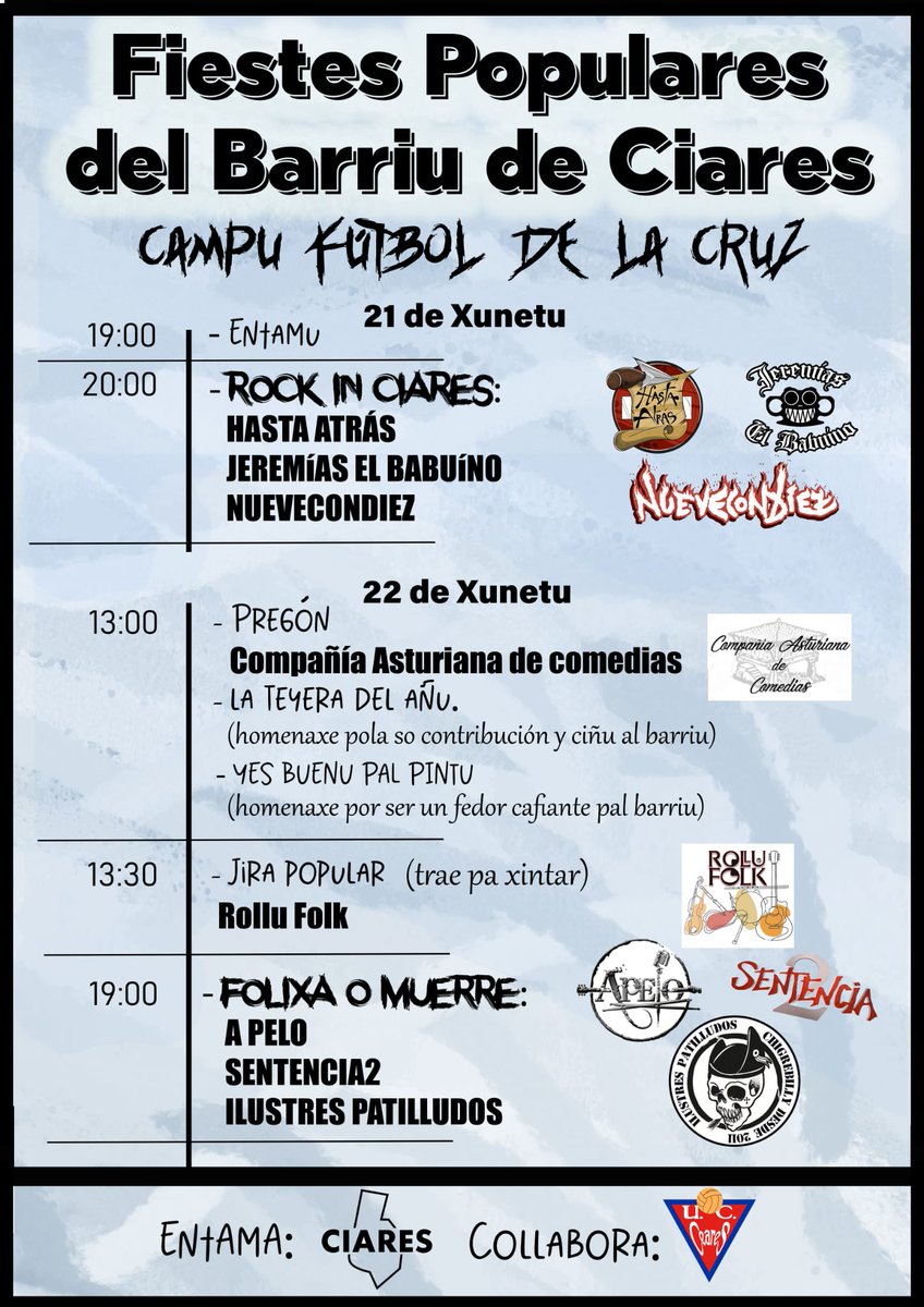 EstoYeCiares's tweet photo. 📢 Cartel completo de las Fiestas populares del barrio de Ciares

☺️ Nos vemos el viernes 21 y sábado 22 en el campo de fútbol de La Cruz

🎉 Jira, música tradicional, reconocimientos, entrega del bollu y botella vino, conciertos, barra con precios populares... ¡Reserva la fecha! https://t.co/6dQMS02iPH