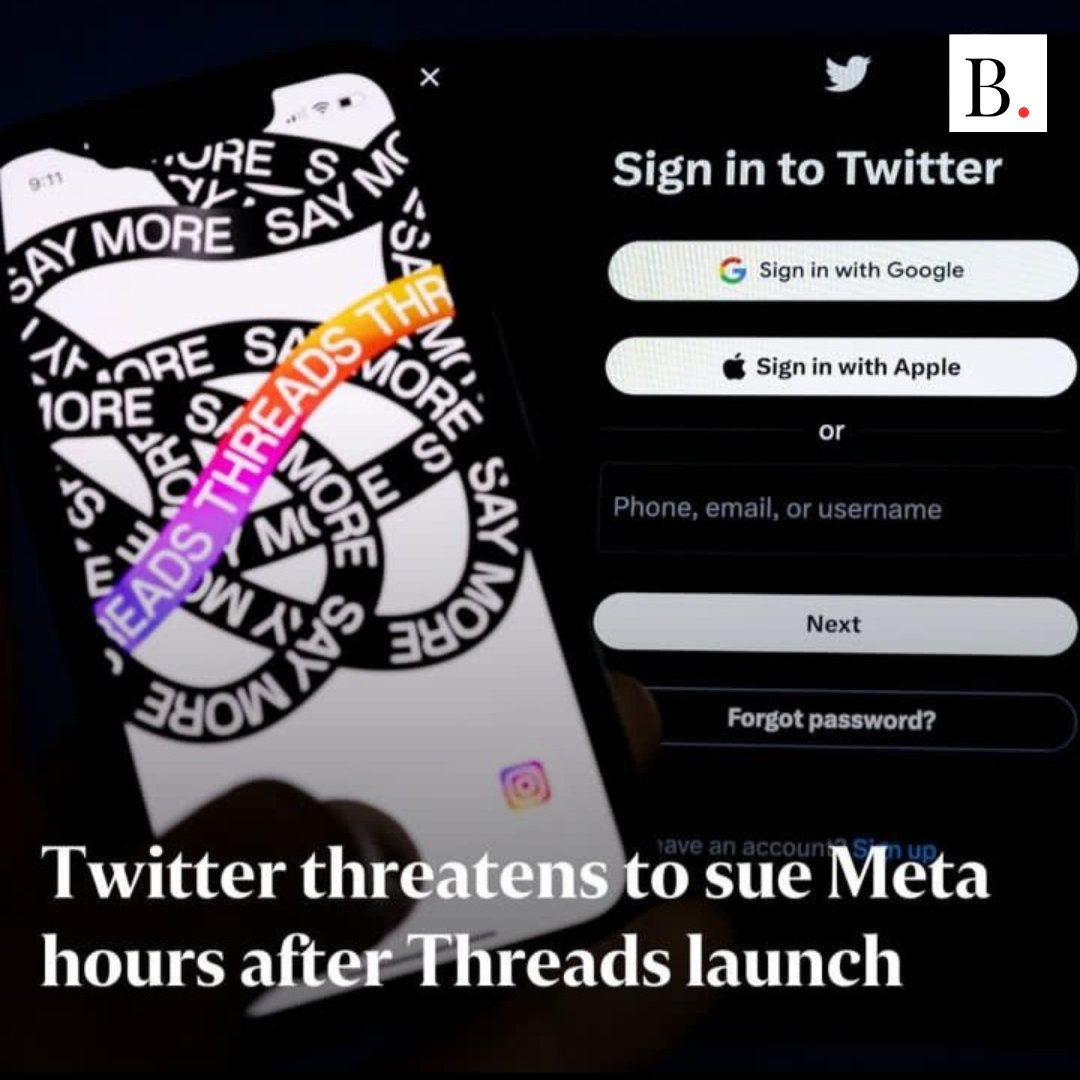 TheBarots's tweet photo. A cage match between Musk and Zuckerberg? Just hours after Threads launched, Twitter has threatened to sue Meta, accusing the company of “unlawful misappropriation of Twitter’s trade secrets and other intellectual property".

#threadapp #ThreadsApp https://t.co/7j2HxaJ2pq