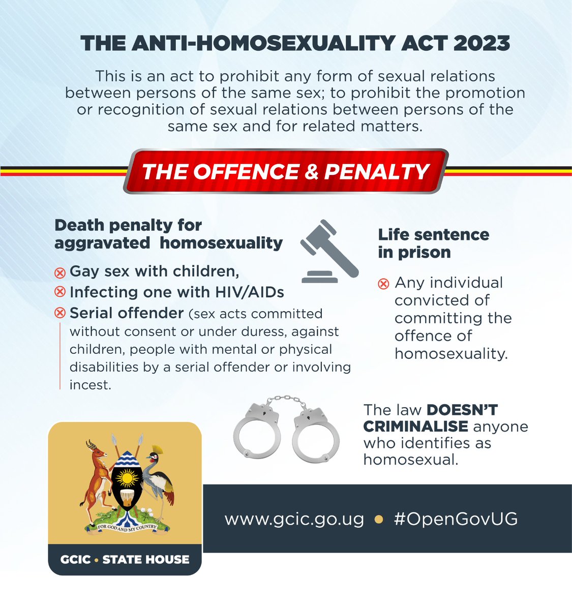 GovUganda's tweet photo. 𝐓𝐇𝐄 𝐀𝐍𝐓𝐈-𝐇𝐎𝐌𝐎𝐒𝐄𝐗𝐔𝐀𝐋𝐈𝐓𝐘 𝐀𝐂𝐓 𝟐𝟎𝟐𝟑
It prohibits same-sex sexual relations and the  promotion/recognition of such relationships. 𝑰𝒕 𝒅𝒐𝒆𝒔𝒏'𝒕 𝒄𝒓𝒊𝒎𝒊𝒏𝒂𝒍𝒊𝒛𝒆  𝒉𝒐𝒎𝒐𝒔𝒆𝒙𝒖𝒂𝒍𝒊𝒕𝒚 𝒊𝒕𝒔𝒆𝒍𝒇. https://t.co/E5vp8VBLFv