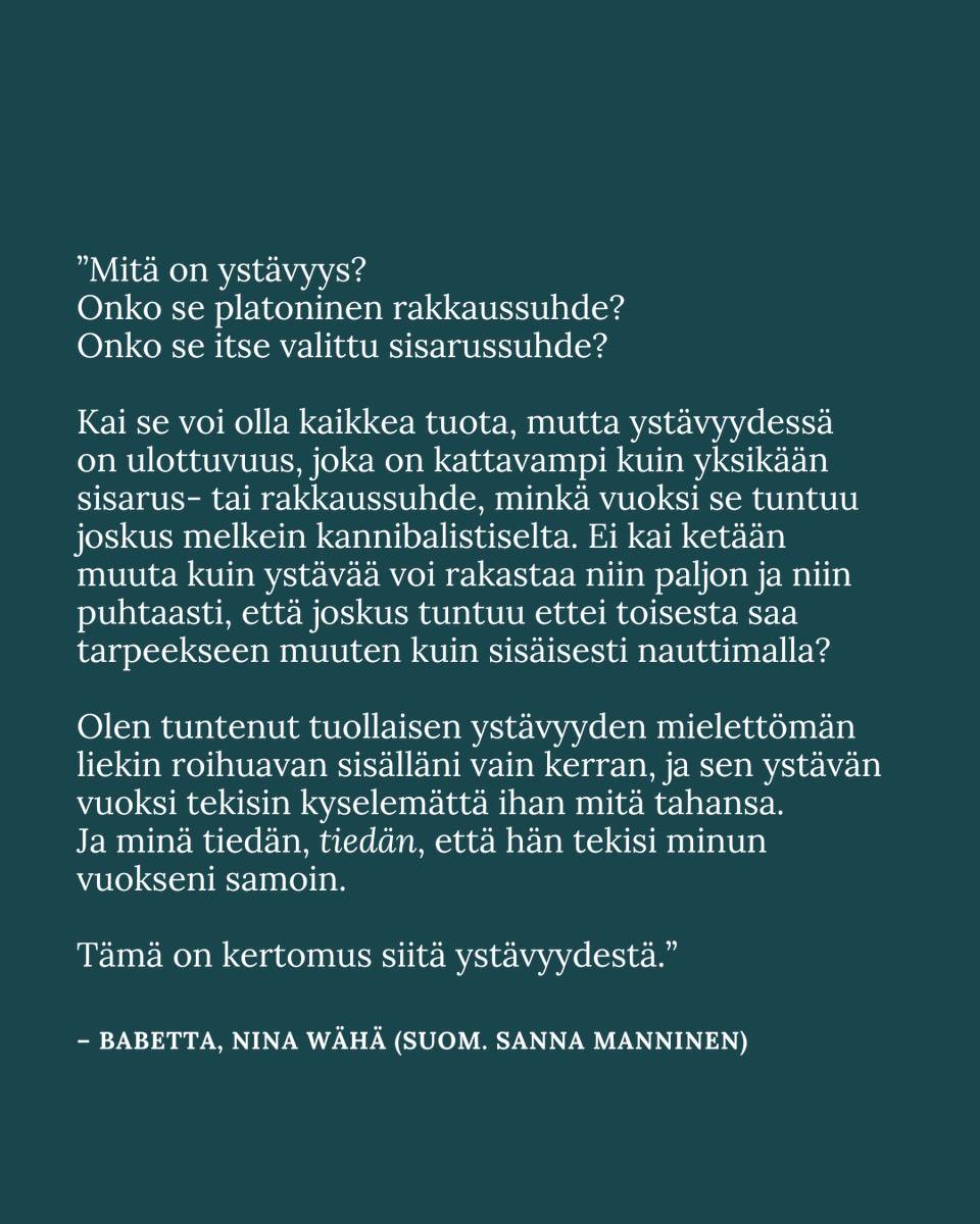 wsoykirjat's tweet photo. Elokuvallinen romaani naisten välisestä ystävyydestä, kateudesta ja vallankäytöstä 💙.
»Nina Wähä on yksinkertaisesti sanoen nero.» – Borås Tidning
Lue tai kuuntele nyt #NinaWähä :n #Babetta (suom. Sanna Manninen): https://t.co/HEubyxoSFn 📖🎧! #kirjatwitter https://t.co/t9dBp07JaE