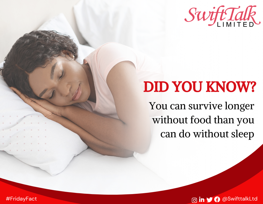 The human body can survive without food for a significant period of time depending on factors such as body fat reserves, hydration, and overall health. This is not the same with sleep.

#SwiftTalkLtd
#InternetServiceProvider
#FridayFact
#EnablingInternetPoweredServices