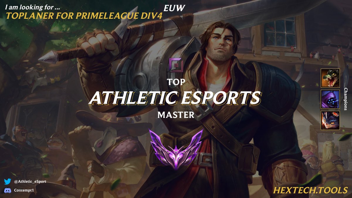 Athletic_eSport's tweet image. We are looking for a Toplaner for our Div4 Primeleague Team 🚀

Our three League Coaches, Mental Performance Coach and Fitnesstrainer will make sure you get the best possible support.

If you want to be Progamer and put in the work to grow beyond our limits, DM and lets talk.