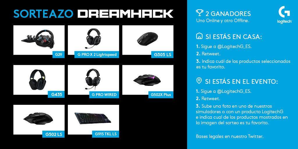 🎉 ¡Lanzamiento del Doble Sorteo de Logitech en #DreamhackValencia (@DreamHackSpain)! 🎉

🔥 Participa y gana uno de los productos #Logitech. 

¡No importa dónde estés, ahora tienes la oportunidad de ganar participando en el evento o desde casa!

¿Estás preparadx?👇
