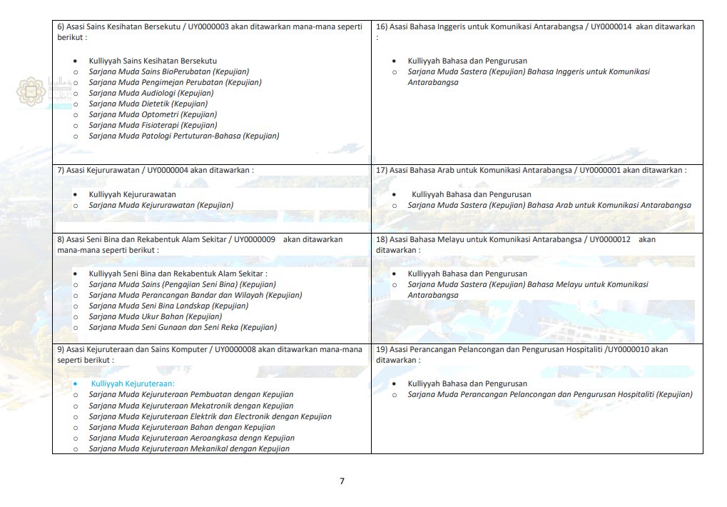 rinarasyada4's tweet photo. korang yg dpt asasi uia tu, ni list course yg korang blh pursue masa degree nanti. harap membantu ! #upu #spm2022

source : https://t.co/cSpTKHmdFc https://t.co/1m3OZzjCJw