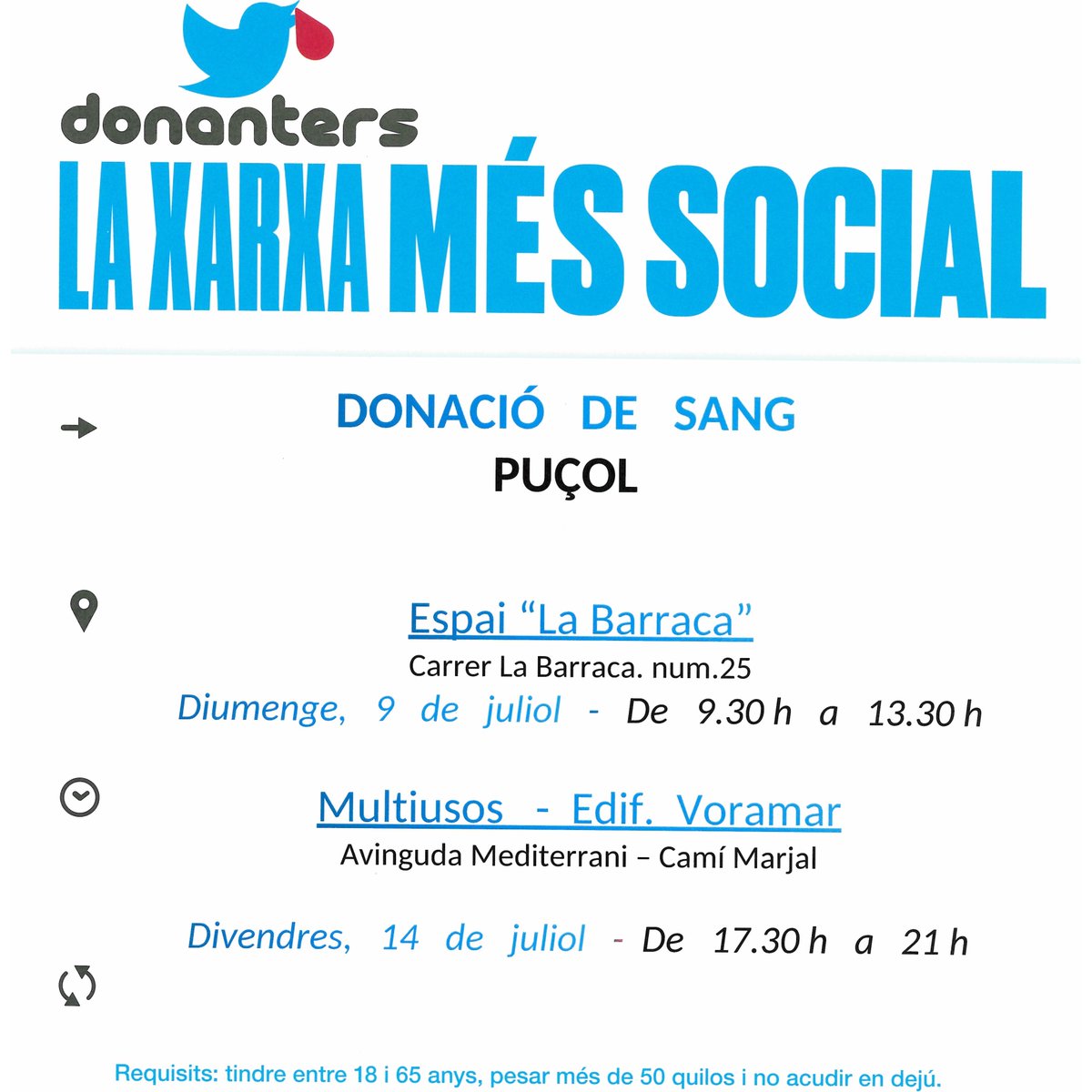 Dona sang a #Puçol
📅 diumente #9Juliol [Espai La Barraca]
📅 divendres #14Juliol [Edifici Voramar]
La vida de molts malalts depén de transfusions de sang periòdiques, per això, en #estiu també et necessiten. #DonaSang #ComparteixVida🩸