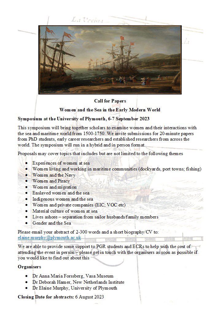 Call for Papers - Women & the Sea in the Early Modern World @PlymUni on 6/7 Sept - all themes & broad period welcome esp. PGRs & ECRs. @deborah_hamer