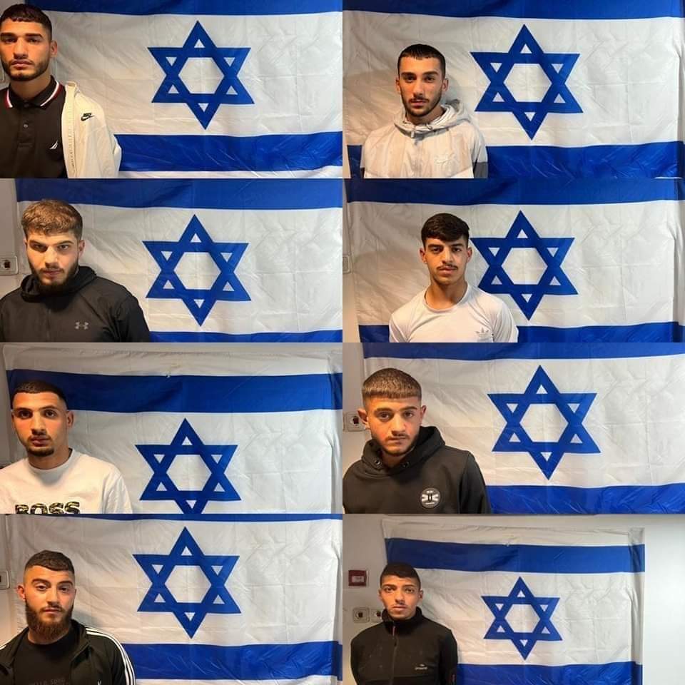 Inbram's tweet image. אלה שמונת המחבלים שהתעללו בחרדי תשוש נפש, צילמו אותו לטיקטוק- זוחל על הארץ, יורד על עצמו ומקלל את ישראל.
  -  תמונה על רקע דגל ישראל בתחנת המשטרה.
כרגע הם בהארכת מעצר.